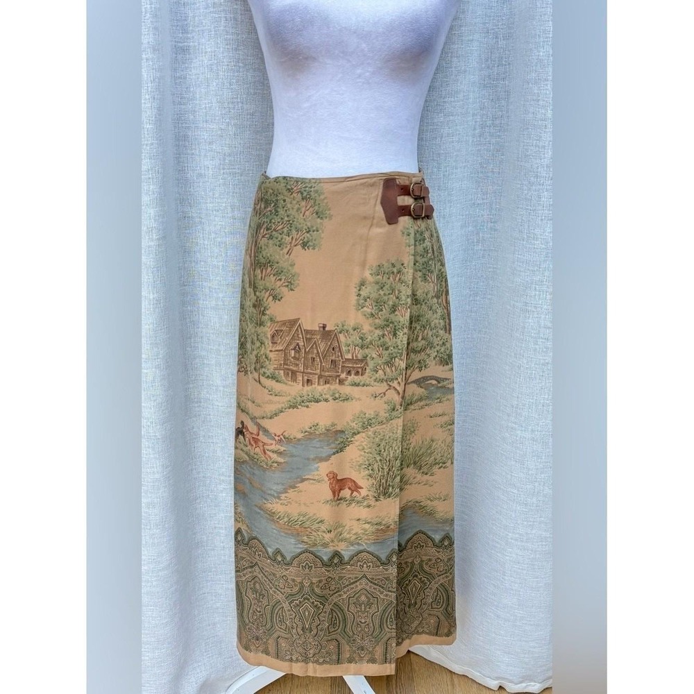 1990 Lauren Ralph Lauren wrap skirt with countryside landscape scenes print - Picture 1 of 9